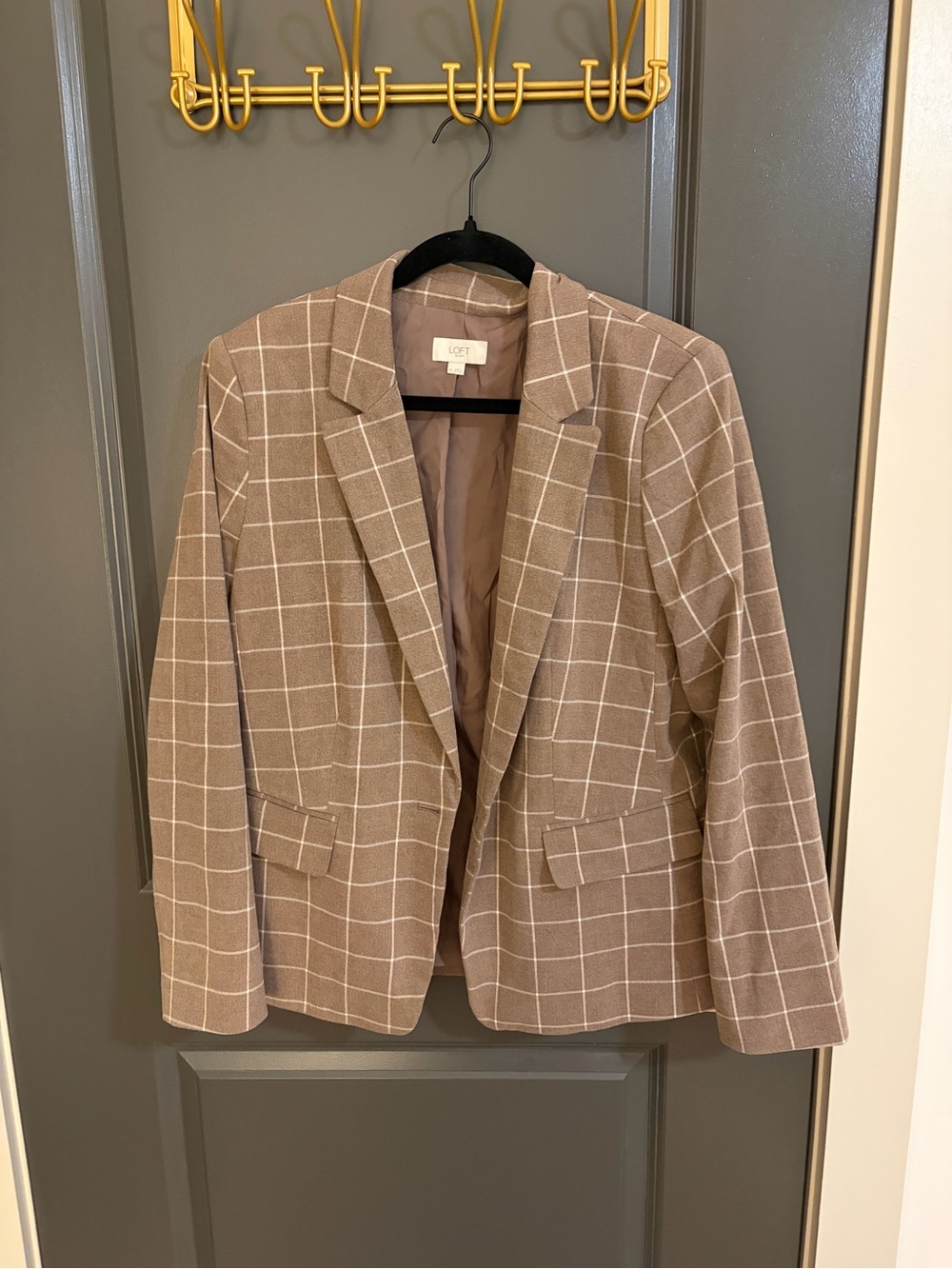 LOFT Taupe Plaid Blazer with White Windowpane